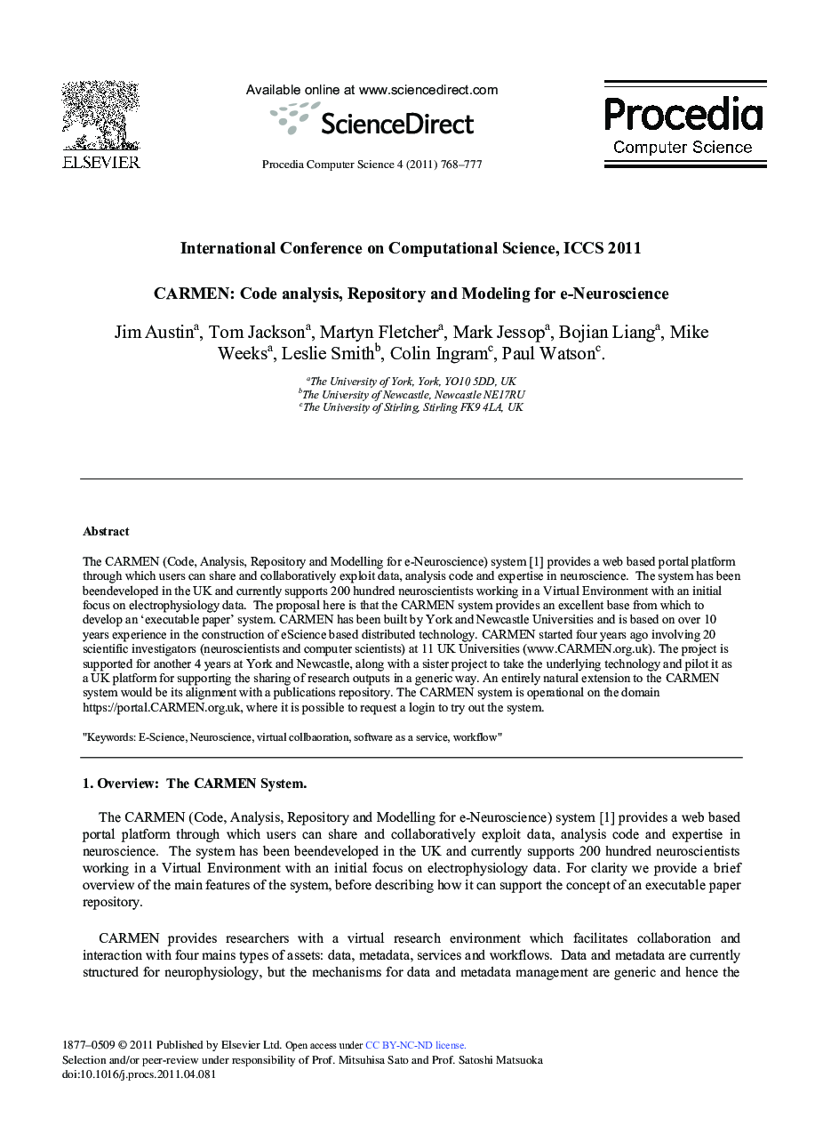 CARMEN: Code analysis, Repository and Modeling for e-Neuroscience