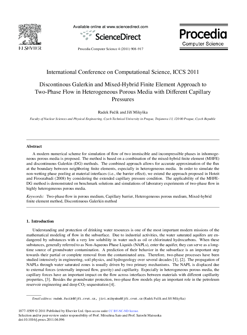Discontinous Galerkin and Mixed-Hybrid Finite Element Approach to Two-Phase Flow in Heterogeneous Porous Media with Different Capillary Pressures