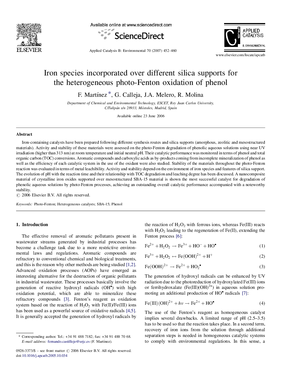 Iron species incorporated over different silica supports for the heterogeneous photo-Fenton oxidation of phenol