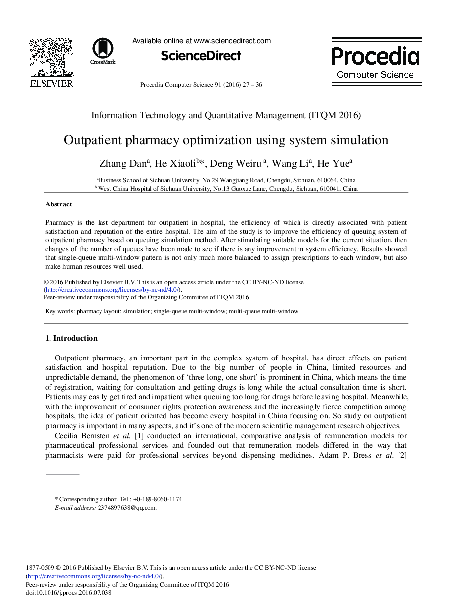Outpatient Pharmacy Optimization Using System Simulation 