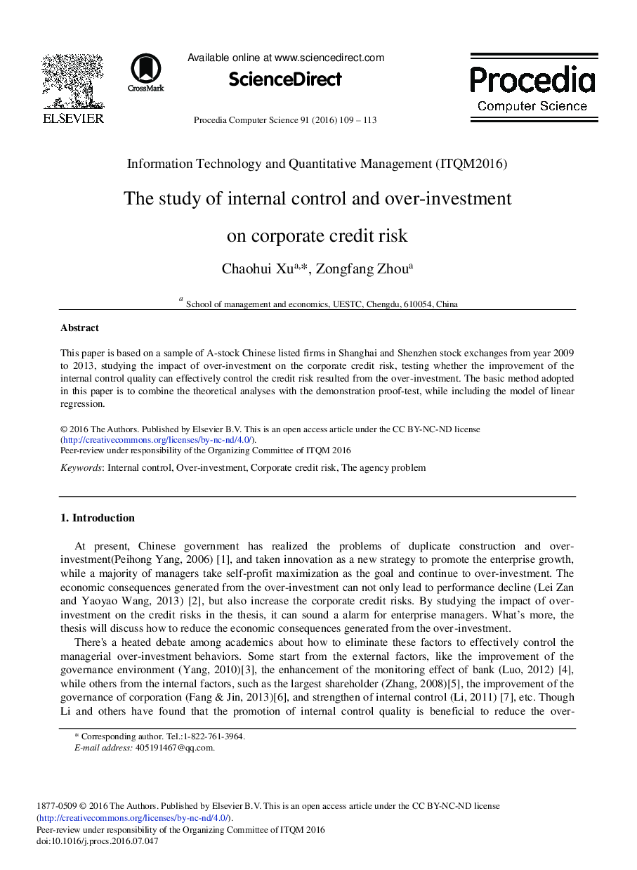 The Study of Internal Control and over-investment on Corporate Credit Risk 