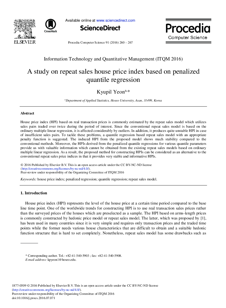 A Study on Repeat Sales House Price Index Based on Penalized Quantile Regression 