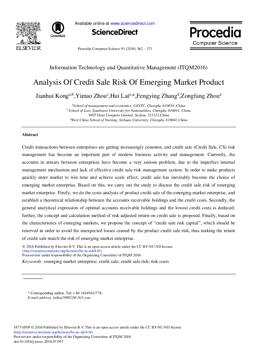 Analysis of Credit Sale Risk of Emerging Market Product 