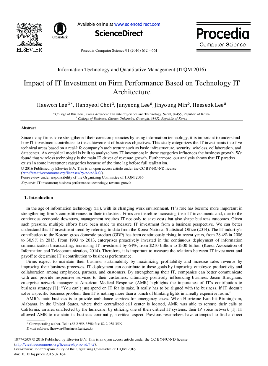 Impact of IT Investment on Firm Performance Based on Technology IT Architecture 