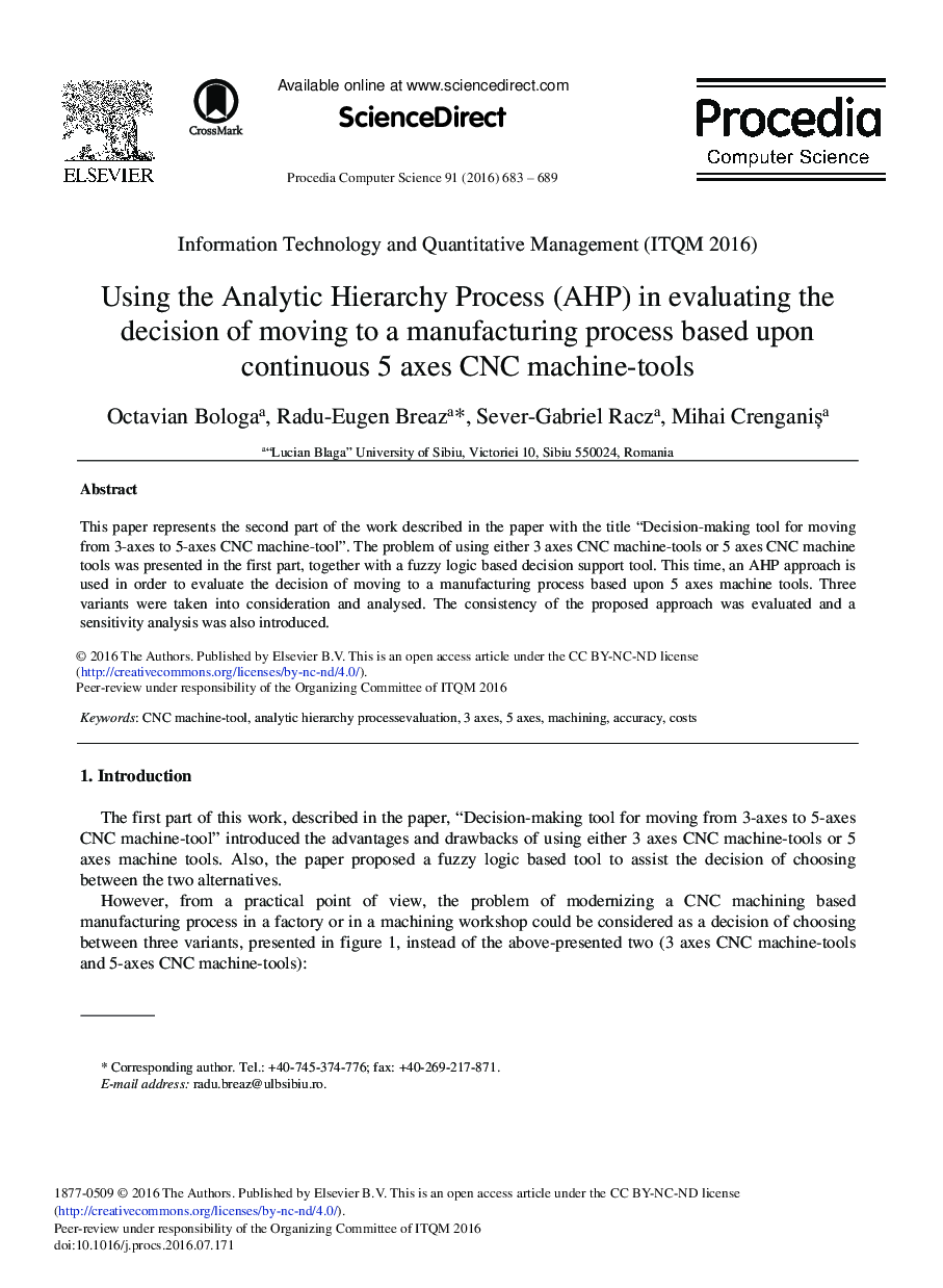 Using the Analytic Hierarchy Process (AHP) in Evaluating the Decision of Moving to a Manufacturing Process Based Upon Continuous 5 Axes CNC Machine-tools 