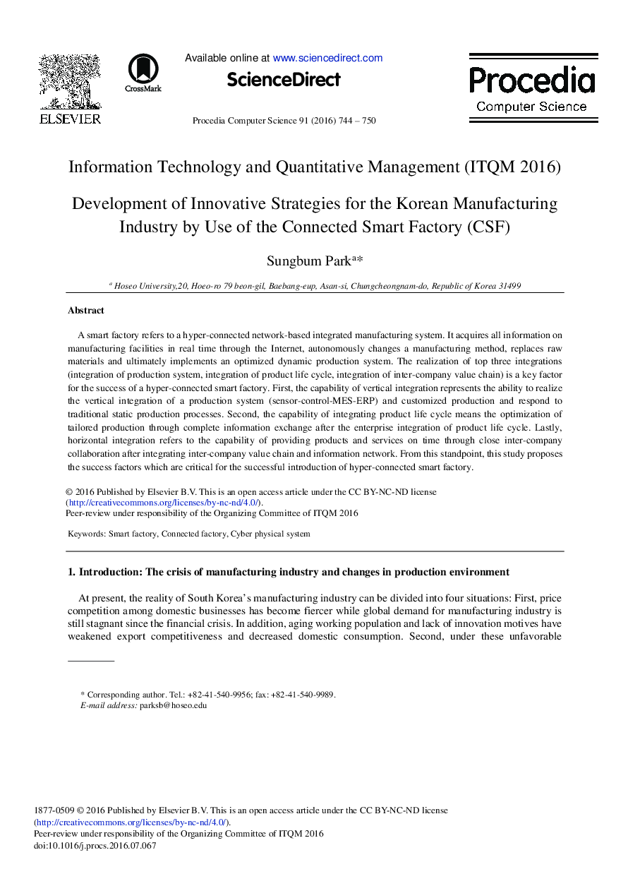 Development of Innovative Strategies for the Korean Manufacturing Industry by Use of the Connected Smart Factory (CSF) 