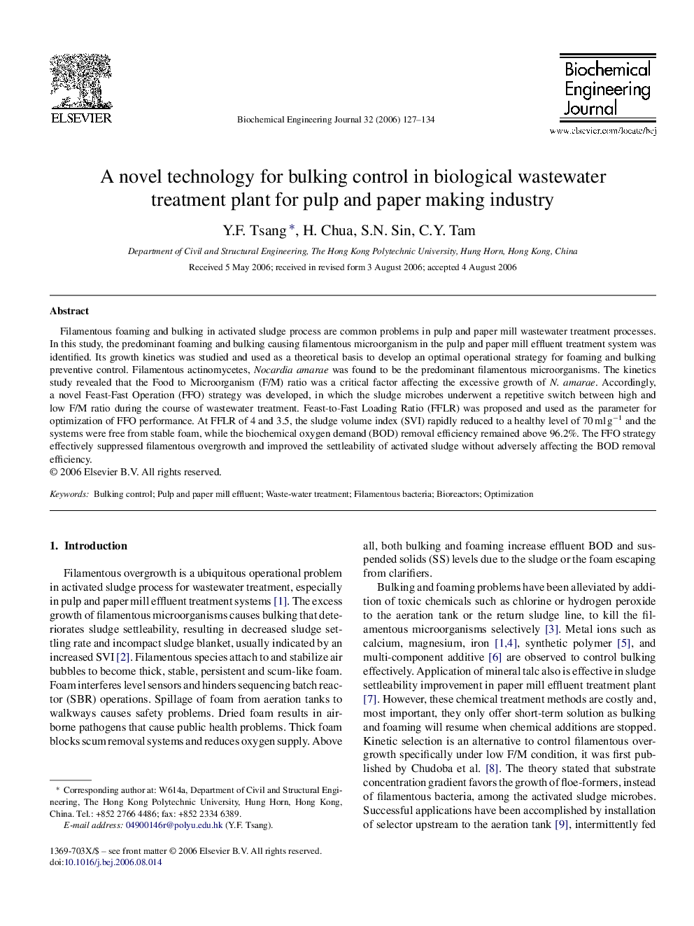 A novel technology for bulking control in biological wastewater treatment plant for pulp and paper making industry