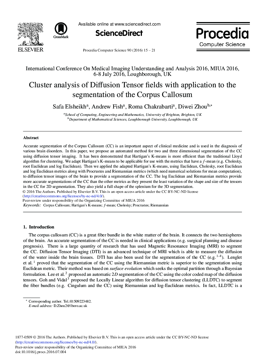 Cluster Analysis of Diffusion Tensor Fields with Application to the Segmentation of the Corpus Callosum 