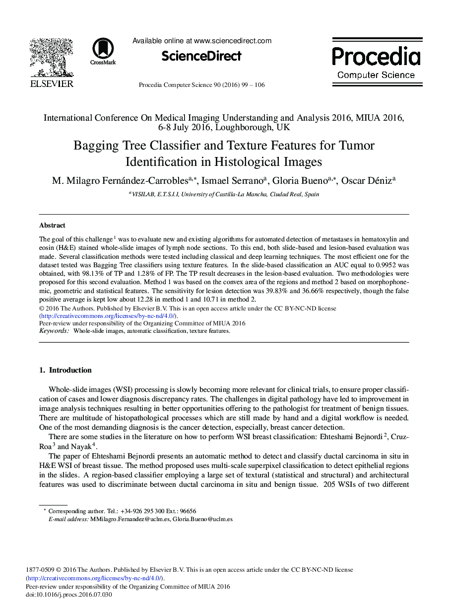 Bagging Tree Classifier and Texture Features for Tumor Identification in Histological Images 