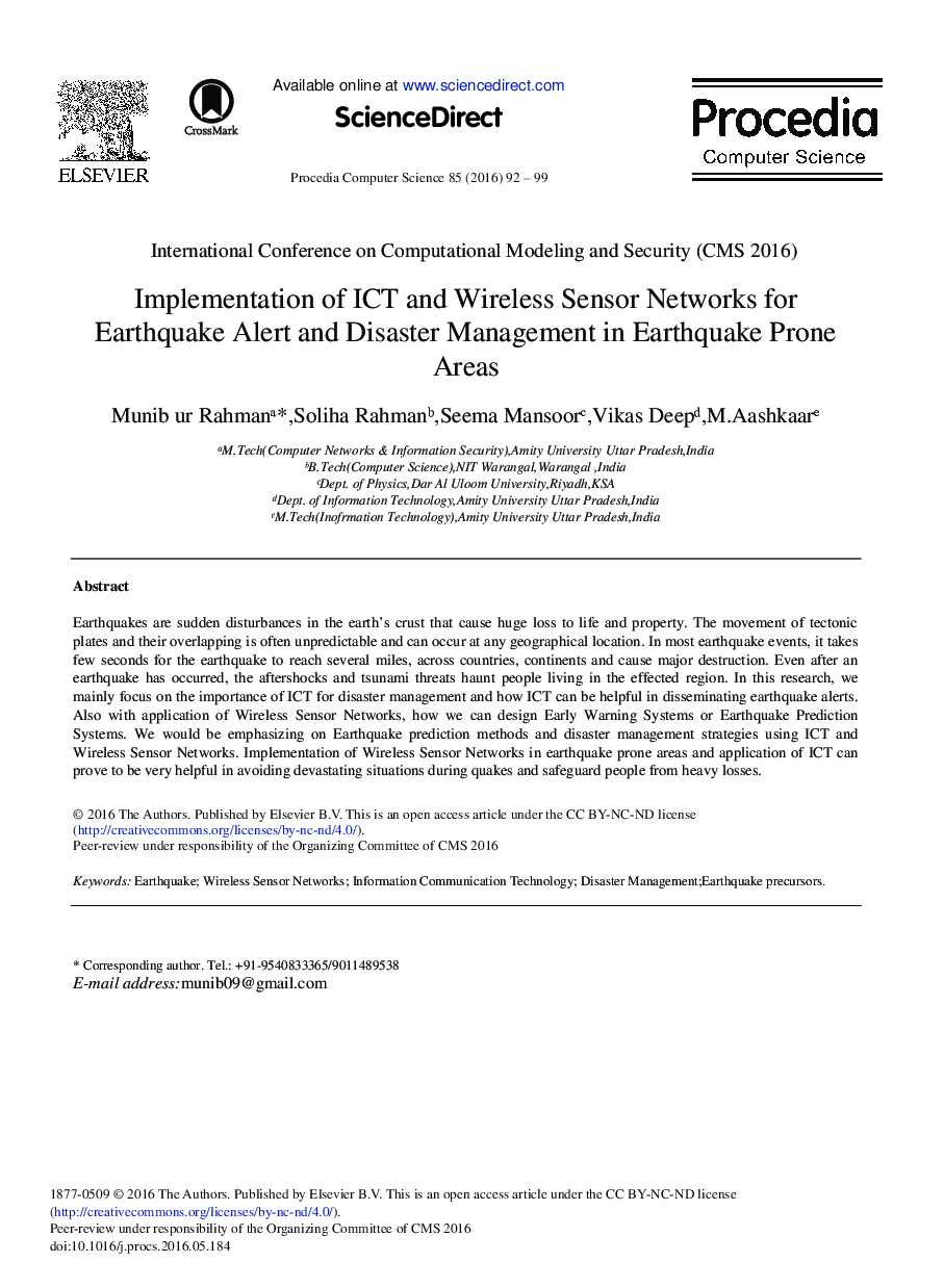 Implementation of ICT and Wireless Sensor Networks for Earthquake Alert and Disaster Management in Earthquake Prone Areas 