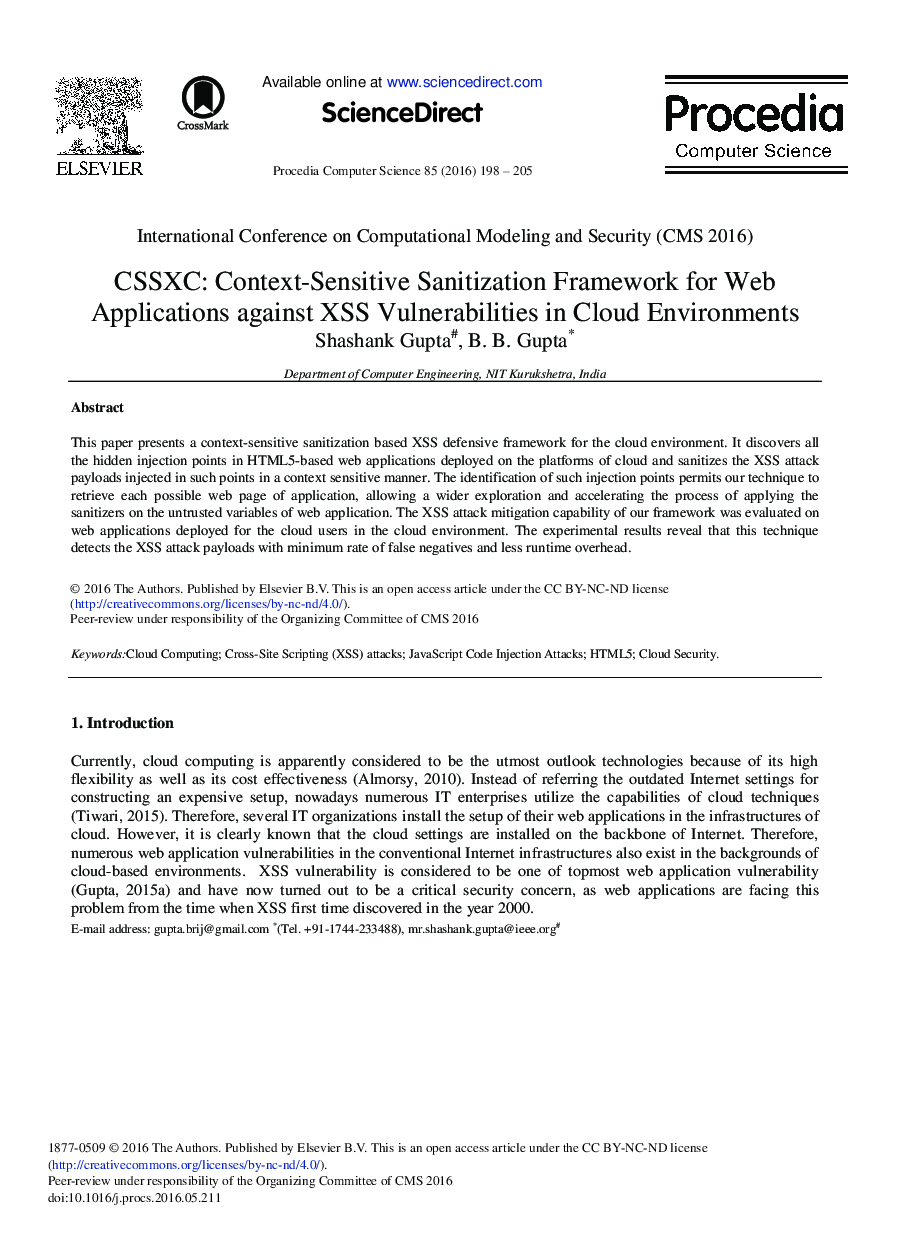 CSSXC: Context-sensitive Sanitization Framework for Web Applications against XSS Vulnerabilities in Cloud Environments 