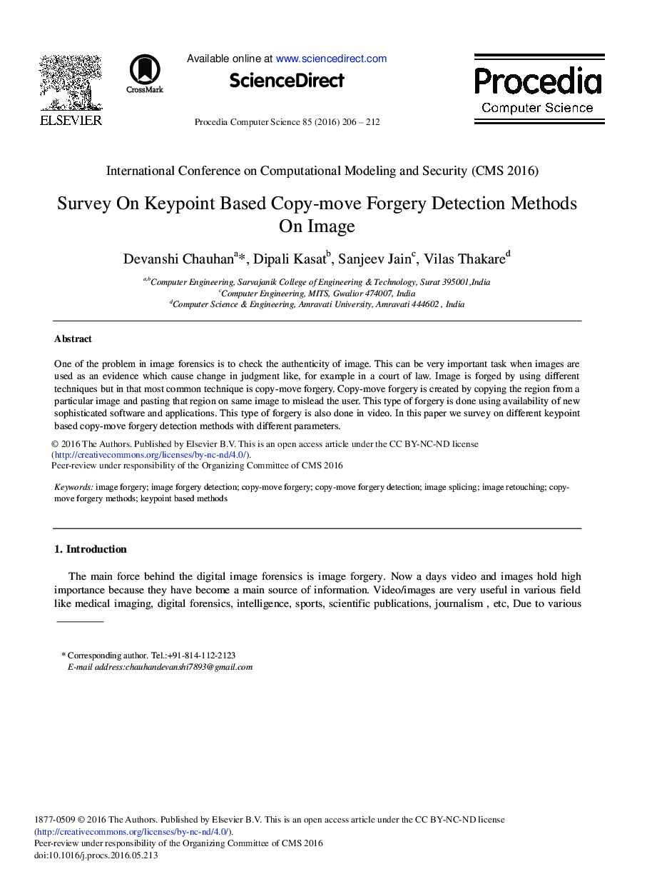 Survey on Keypoint Based Copy-move Forgery Detection Methods on Image 