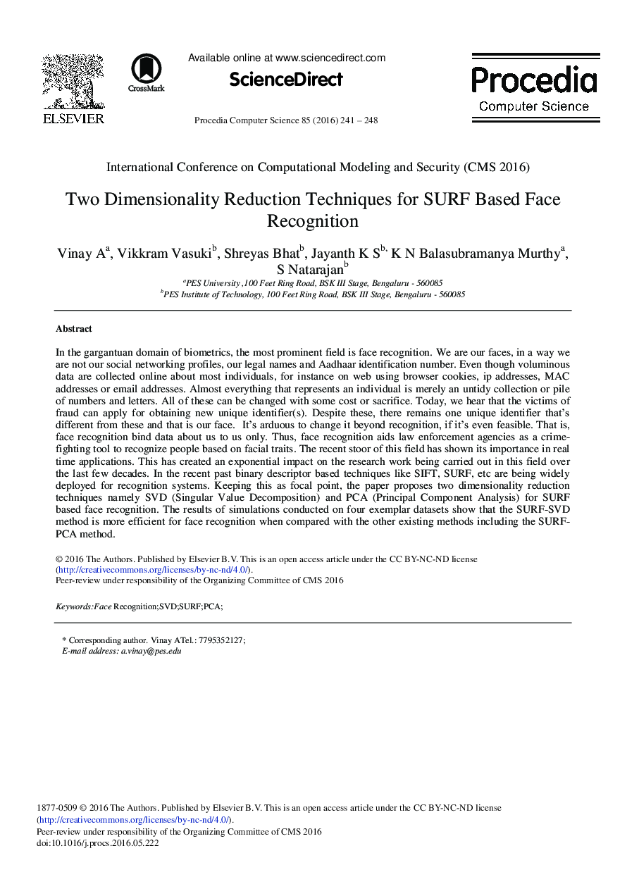 Two Dimensionality Reduction Techniques for SURF Based Face Recognition 