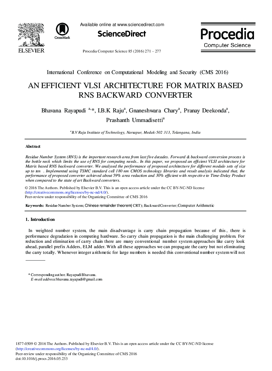 An Efficient VLSI Architecture for Matrix Based RNS Backward Converter 