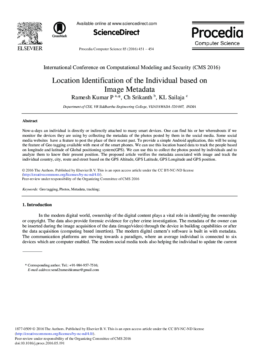 Location Identification of the Individual based on Image Metadata 