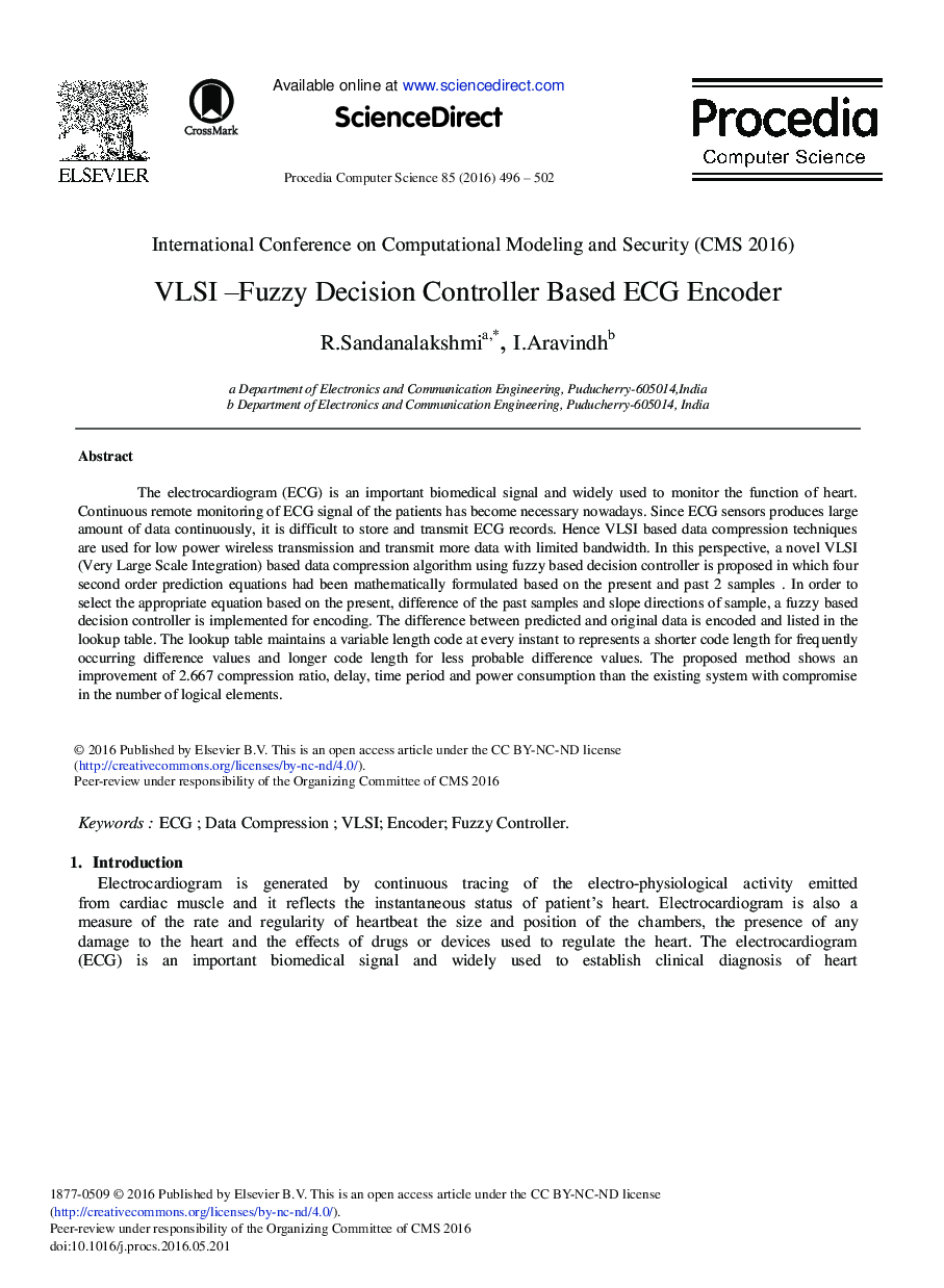 VLSI –Fuzzy Decision Controller Based ECG Encoder 