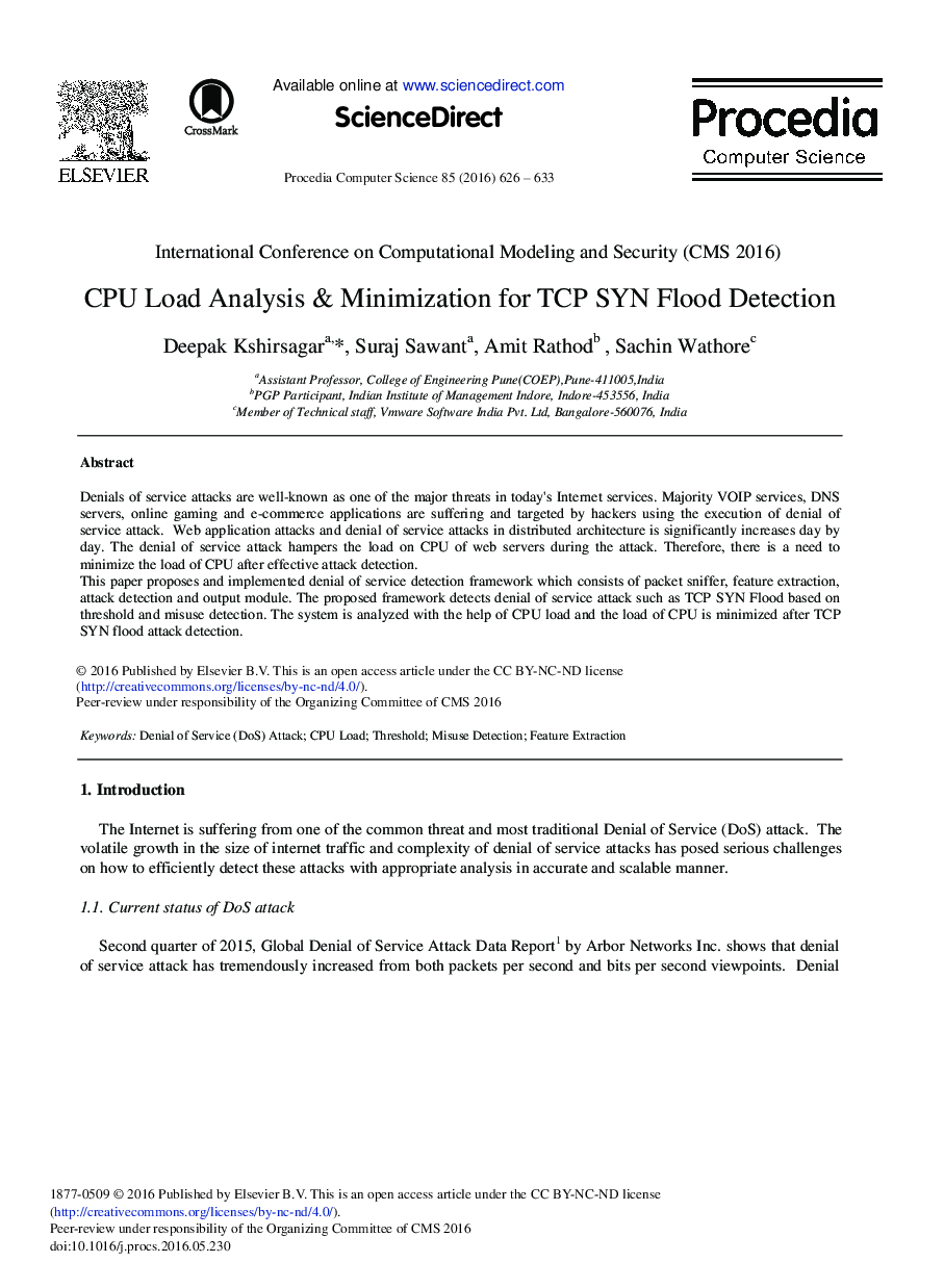 CPU Load Analysis & Minimization for TCP SYN Flood Detection 