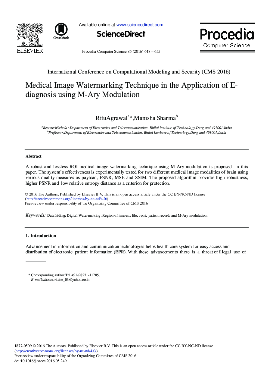 Medical Image Watermarking Technique in the Application of E- diagnosis Using M-Ary Modulation 