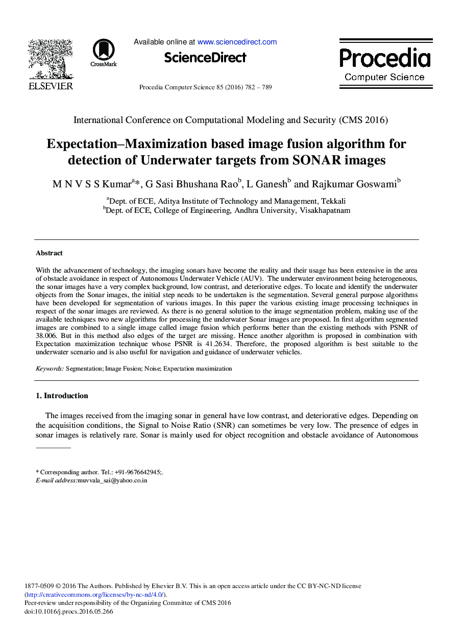 Expectation–Maximization Based Image Fusion Algorithm for Detection of Underwater Targets from SONAR Images 