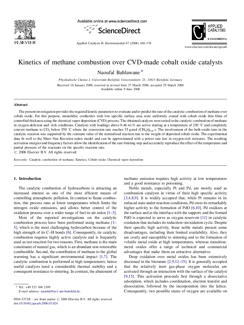 Kinetics of methane combustion over CVD-made cobalt oxide catalysts