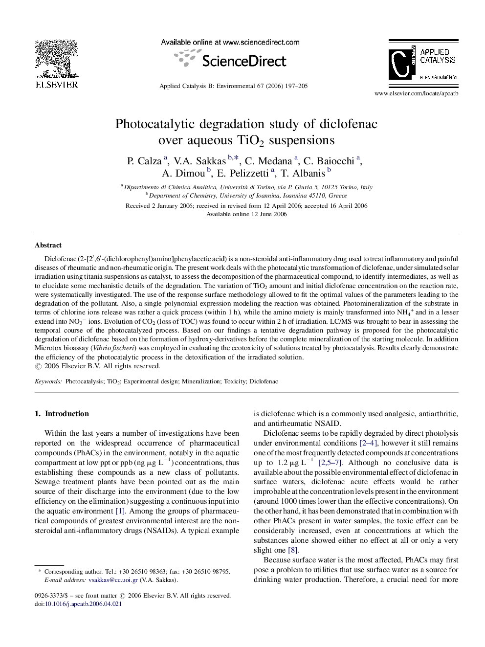 Photocatalytic degradation study of diclofenac over aqueous TiO2 suspensions