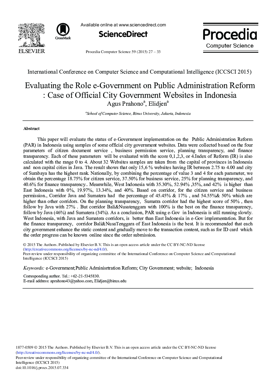 عکس صفحه اول مقاله: Evaluating the Role e-Government on Public Administration Reform: Case of Official City Government Websites in Indonesia Evaluating the Role e-Government on Public Administration Reform: Case of Official City Government Websites in Indonesia