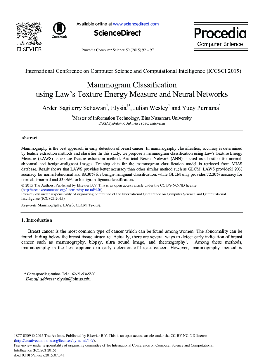 عکس صفحه اول مقاله: Mammogram Classification using Law's Texture Energy Measure and Neural Networks Mammogram Classification using Law's Texture Energy Measure and Neural Networks