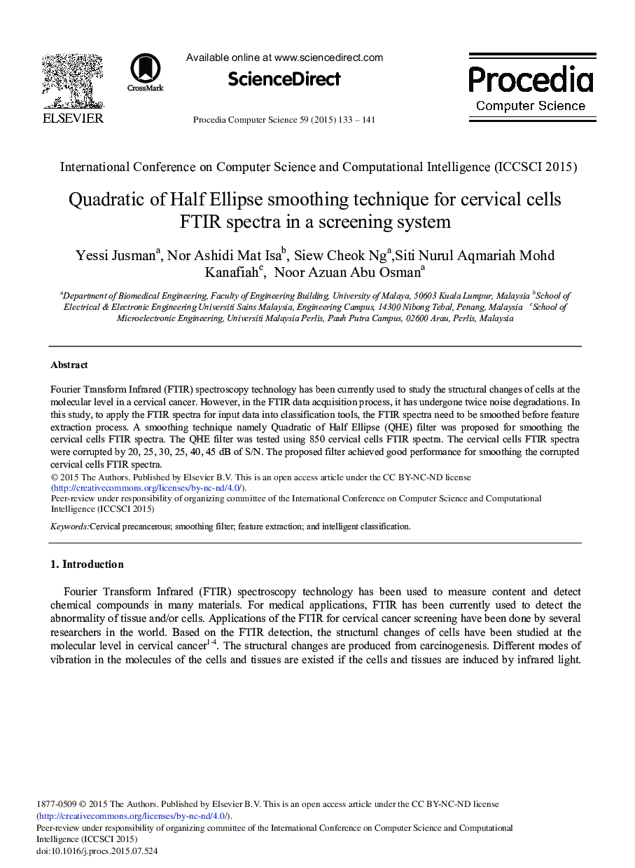 عکس صفحه اول مقاله: Quadratic of Half Ellipse Smoothing Technique for Cervical Cells FTIR Spectra in a Screening System Quadratic of Half Ellipse Smoothing Technique for Cervical Cells FTIR Spectra in a Screening System