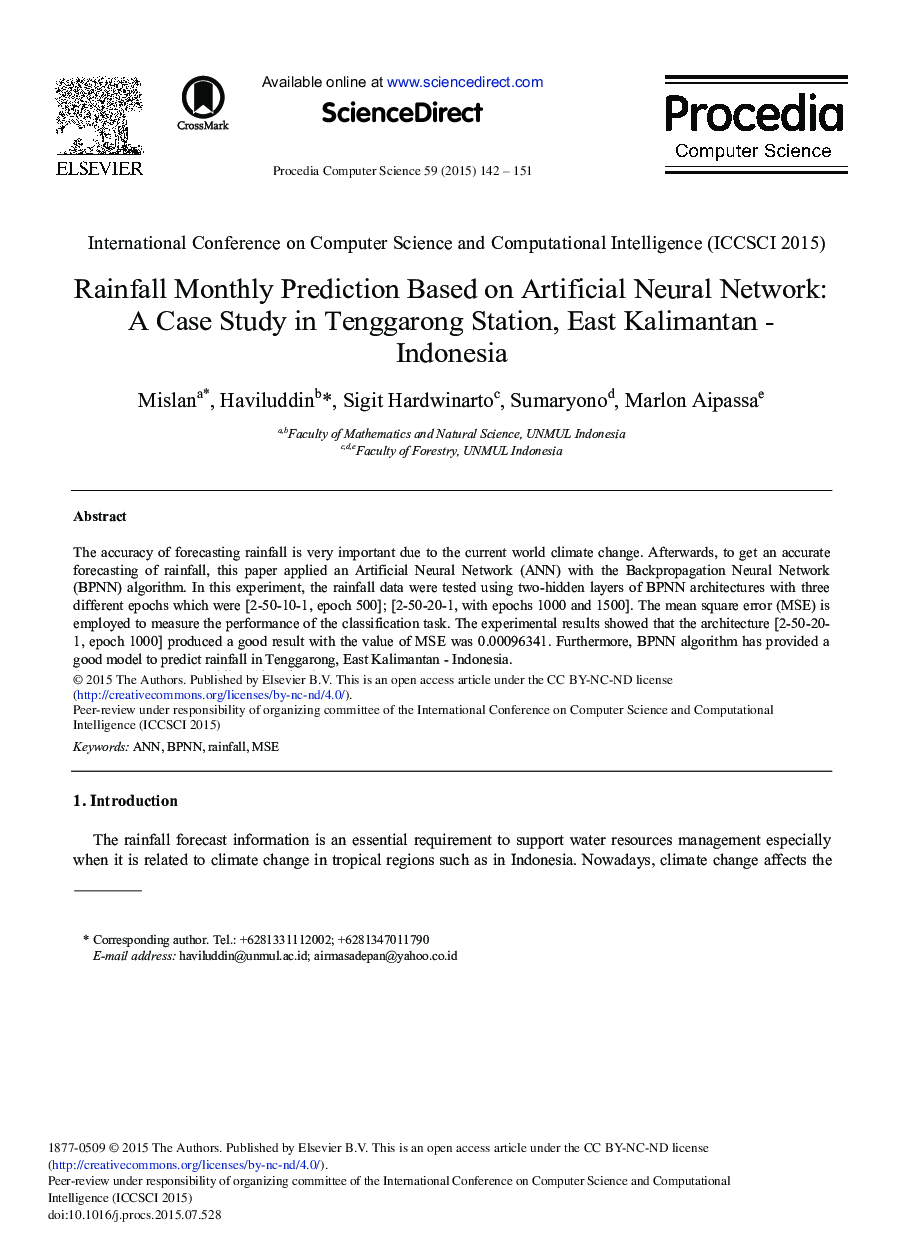 عکس صفحه اول مقاله: Rainfall Monthly Prediction Based on Artificial Neural Network: A Case Study in Tenggarong Station, East Kalimantan - Indonesia Rainfall Monthly Prediction Based on Artificial Neural Network: A Case Study in Tenggarong Station, East Kalimantan - Indonesia