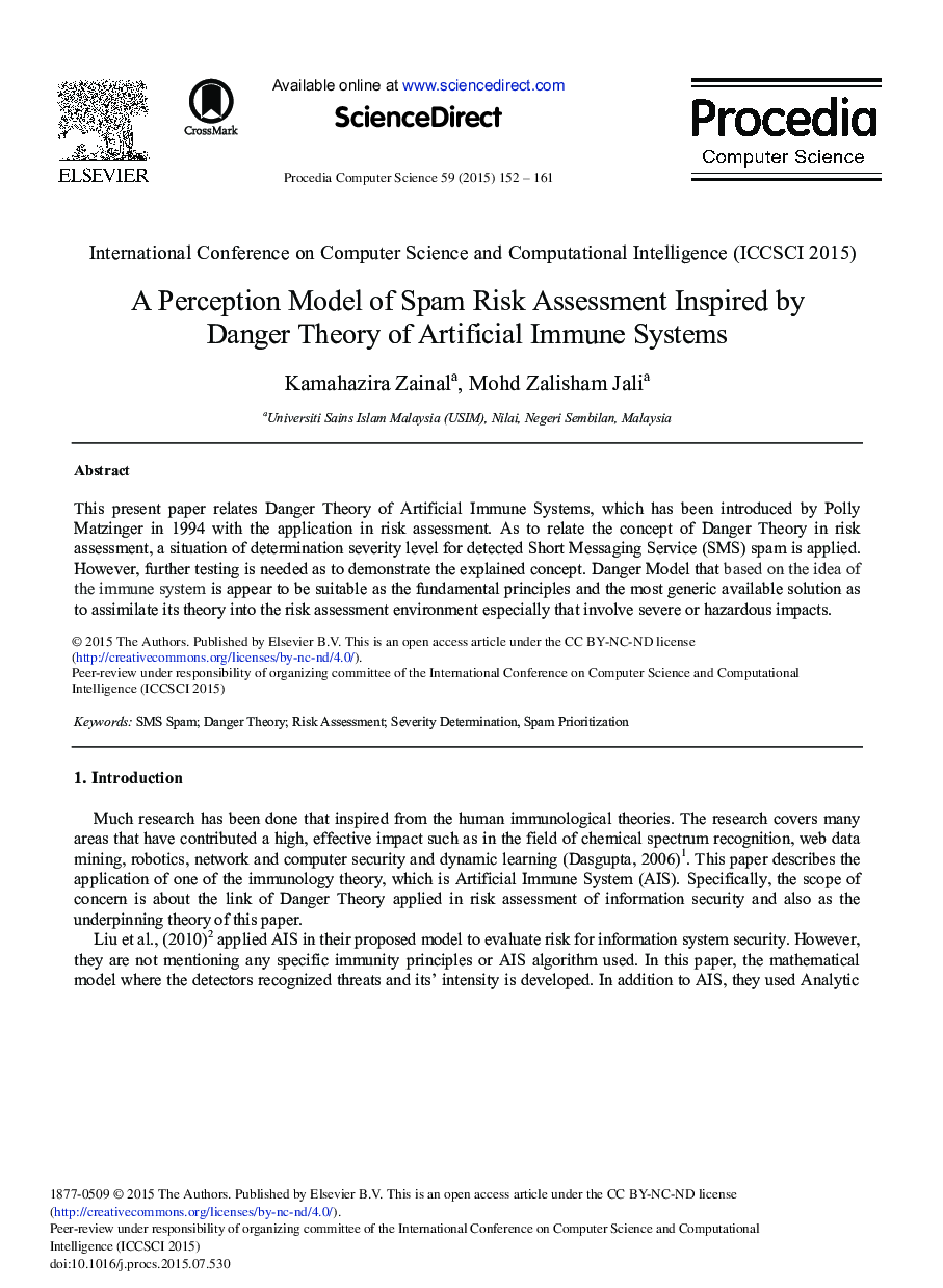 A Perception Model of Spam Risk Assessment Inspired by Danger Theory of Artificial Immune Systems 