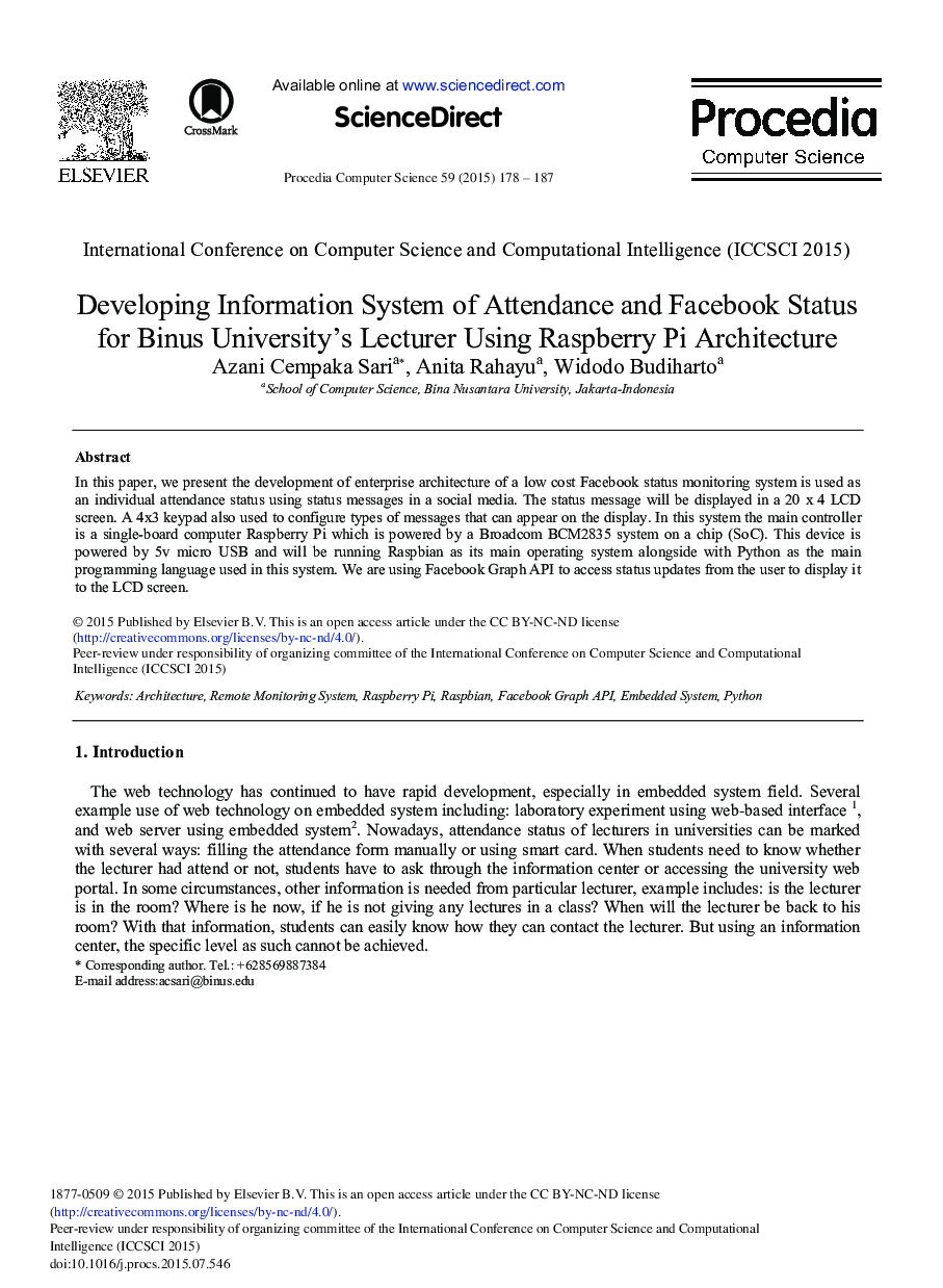 Developing Information System of Attendance and Facebook Status for Binus University's Lecturer Using Raspberry Pi Architecture 