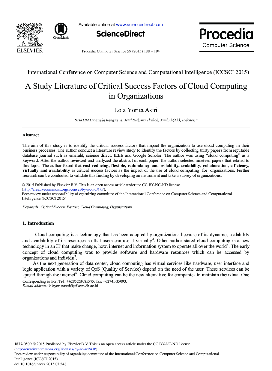 A Study Literature of Critical Success Factors of Cloud Computing in Organizations 