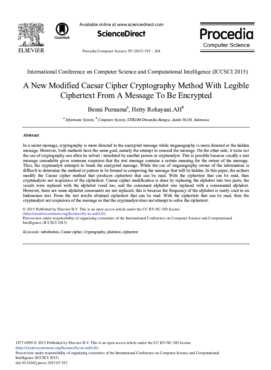 عکس صفحه اول مقاله: A New Modified Caesar Cipher Cryptography Method with LegibleCiphertext From a Message to Be Encrypted A New Modified Caesar Cipher Cryptography Method with LegibleCiphertext From a Message to Be Encrypted