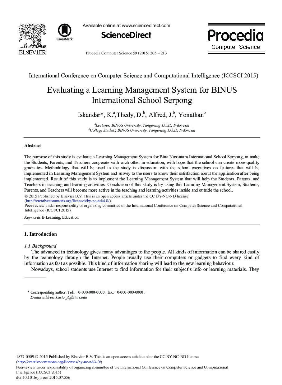 عکس صفحه اول مقاله: Evaluating a Learning Management System for BINUS International School Serpong Evaluating a Learning Management System for BINUS International School Serpong