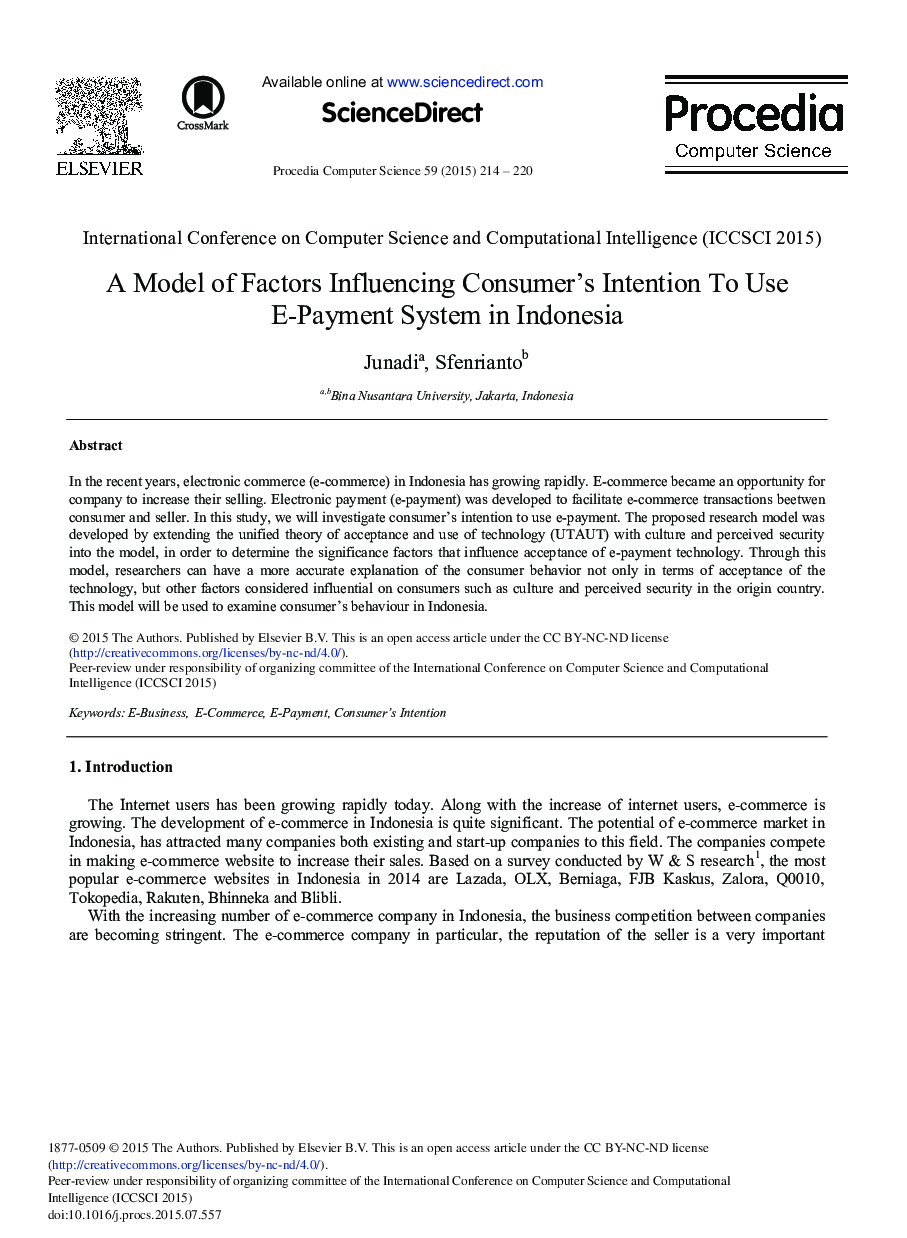 عکس صفحه اول مقاله: A Model of Factors Influencing Consumer's Intention To Use E-payment System in Indonesia A Model of Factors Influencing Consumer's Intention To Use E-payment System in Indonesia