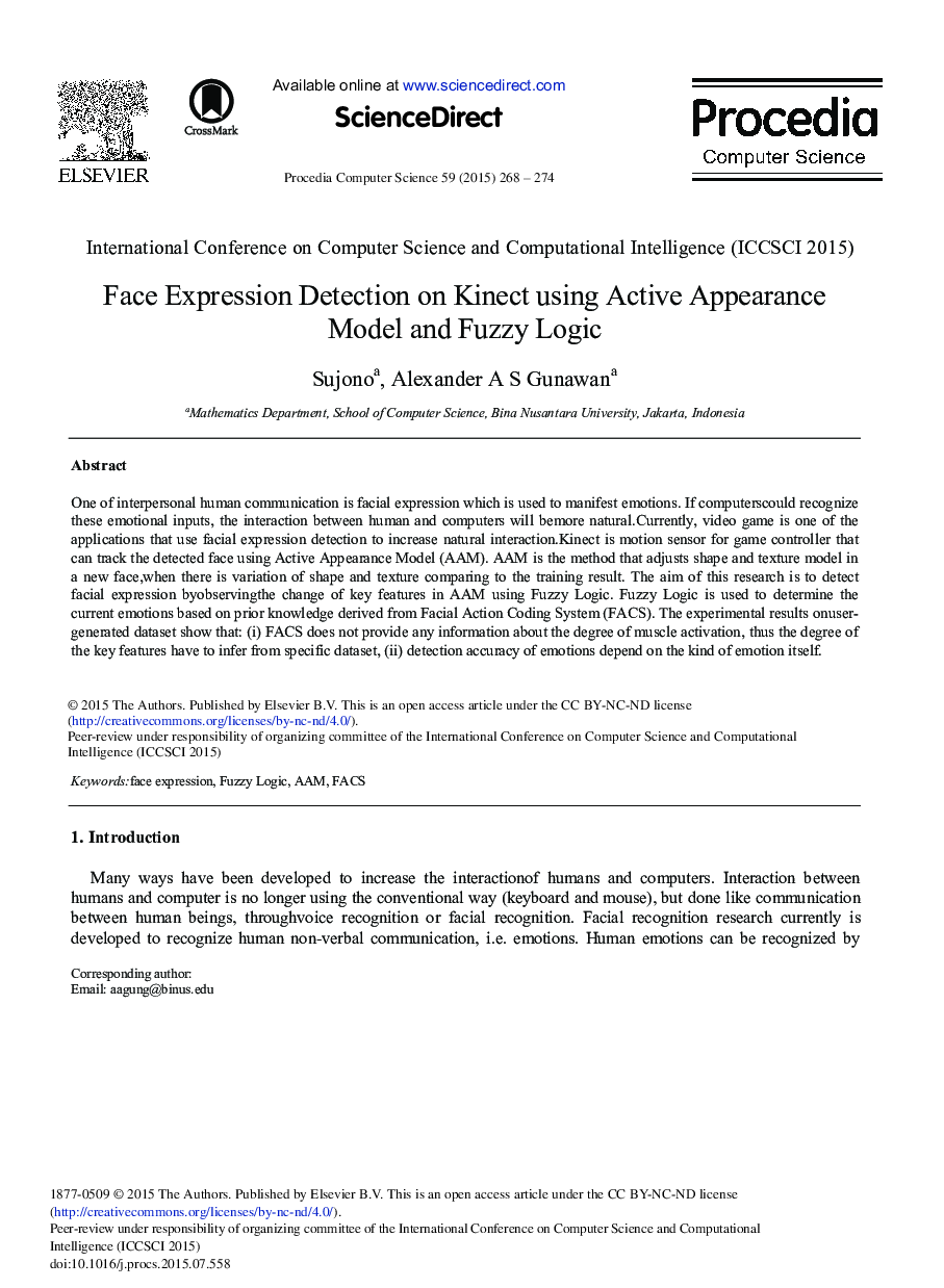 عکس صفحه اول مقاله: Face Expression Detection on Kinect Using Active Appearance Model and Fuzzy Logic Face Expression Detection on Kinect Using Active Appearance Model and Fuzzy Logic