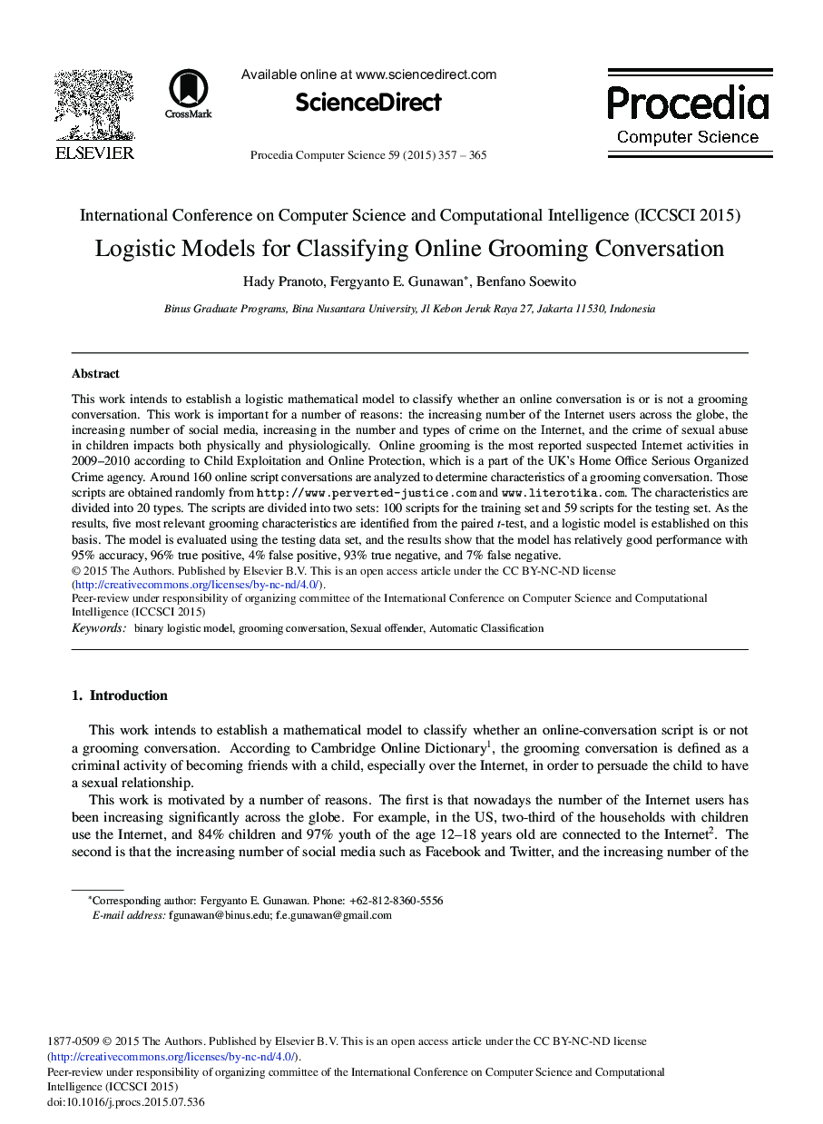 Logistic Models for Classifying Online Grooming Conversation 