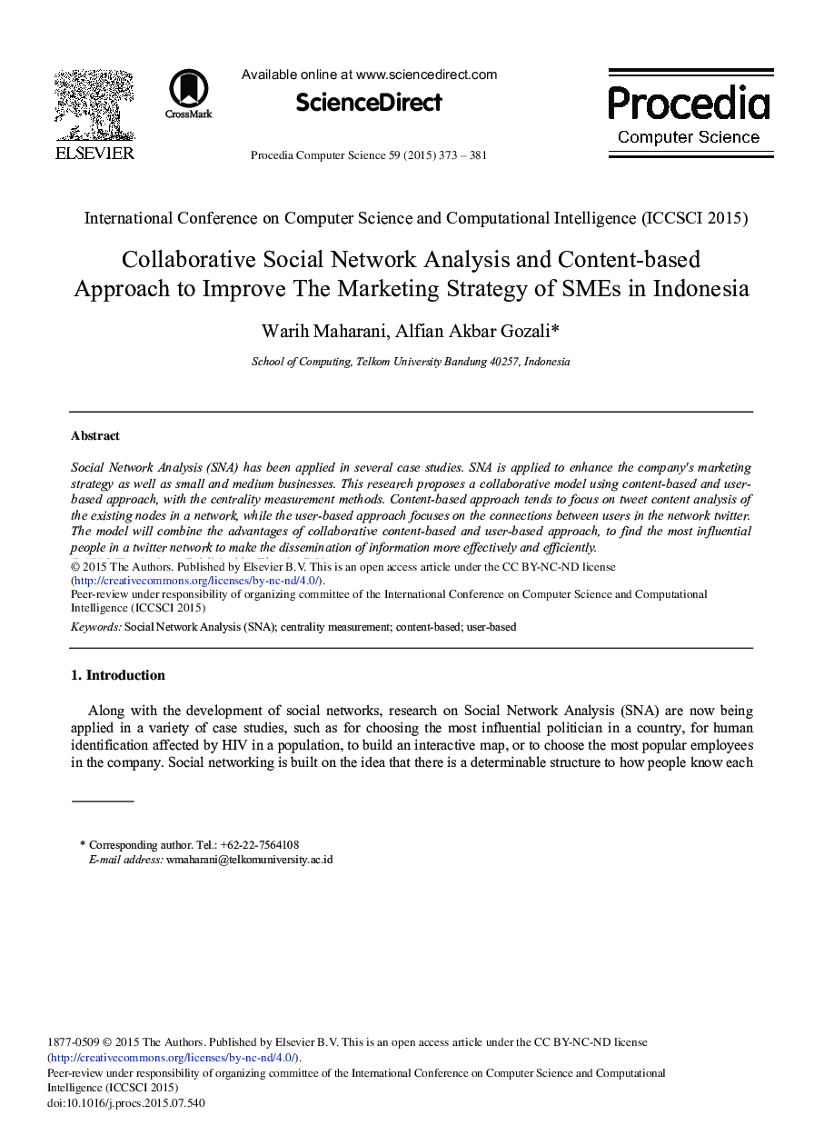عکس صفحه اول مقاله: Collaborative Social Network Analysis and Content-based Approach to Improve the Marketing Strategy of SMEs in Indonesia Collaborative Social Network Analysis and Content-based Approach to Improve the Marketing Strategy of SMEs in Indonesia