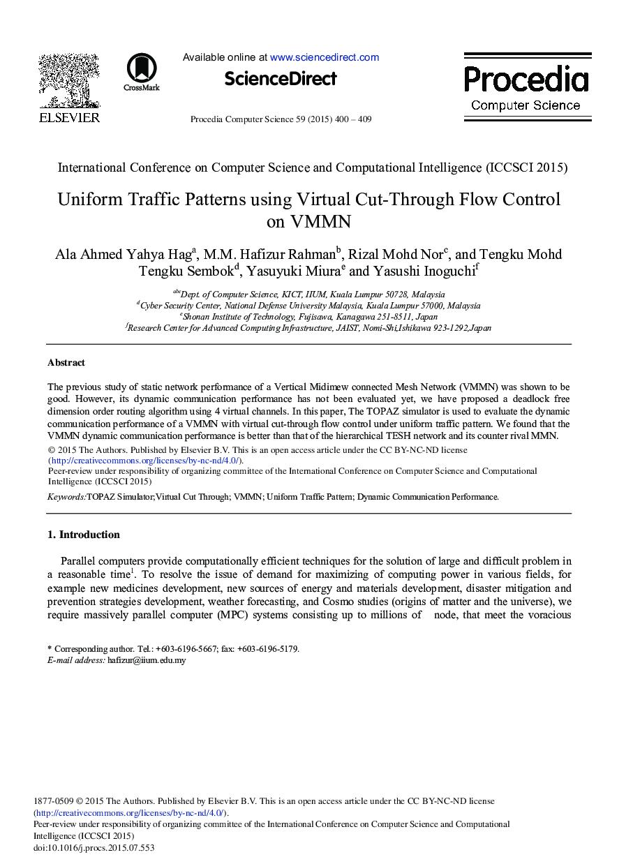 عکس صفحه اول مقاله: Uniform Traffic Patterns using Virtual Cut-Through Flow Control on VMMN Uniform Traffic Patterns using Virtual Cut-Through Flow Control on VMMN