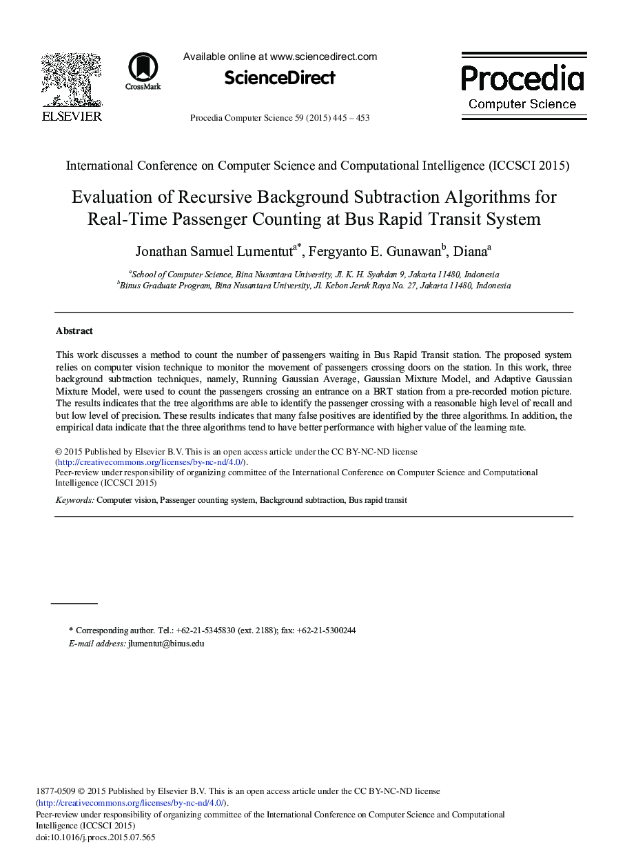 عکس صفحه اول مقاله: Evaluation of Recursive Background Subtraction Algorithms for Real-Time Passenger Counting at Bus Rapid Transit System Evaluation of Recursive Background Subtraction Algorithms for Real-Time Passenger Counting at Bus Rapid Transit System