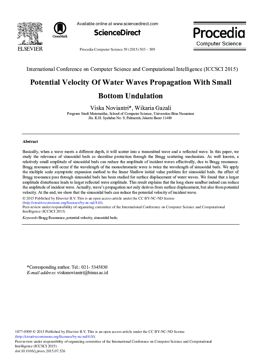 Potential Velocity of Water Waves Propagation with Small Bottom Undulation 