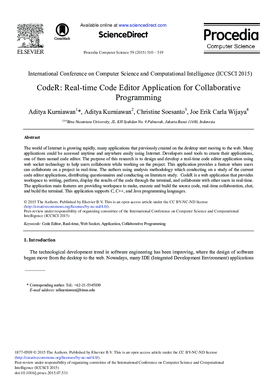 عکس صفحه اول مقاله: CodeR: Real-time Code Editor Application for Collaborative Programming CodeR: Real-time Code Editor Application for Collaborative Programming