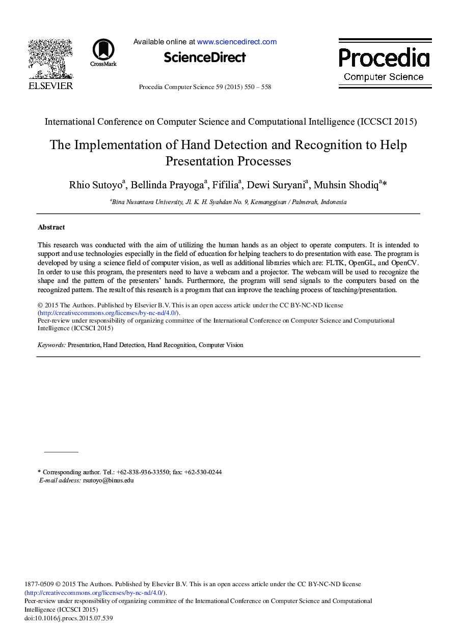 عکس صفحه اول مقاله: The Implementation of Hand Detection and Recognition to Help Presentation Processes The Implementation of Hand Detection and Recognition to Help Presentation Processes