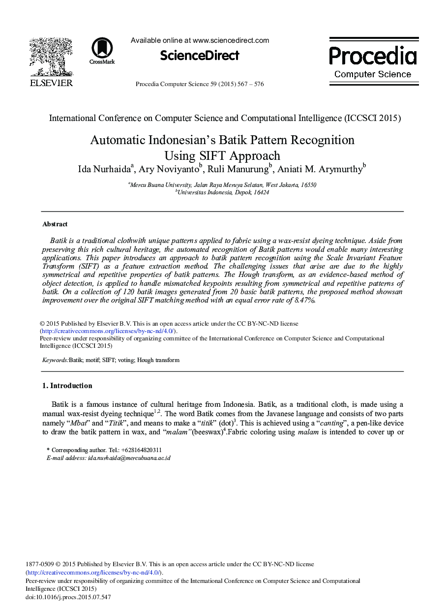عکس صفحه اول مقاله: Automatic Indonesian's Batik Pattern Recognition Using SIFT Approach Automatic Indonesian's Batik Pattern Recognition Using SIFT Approach