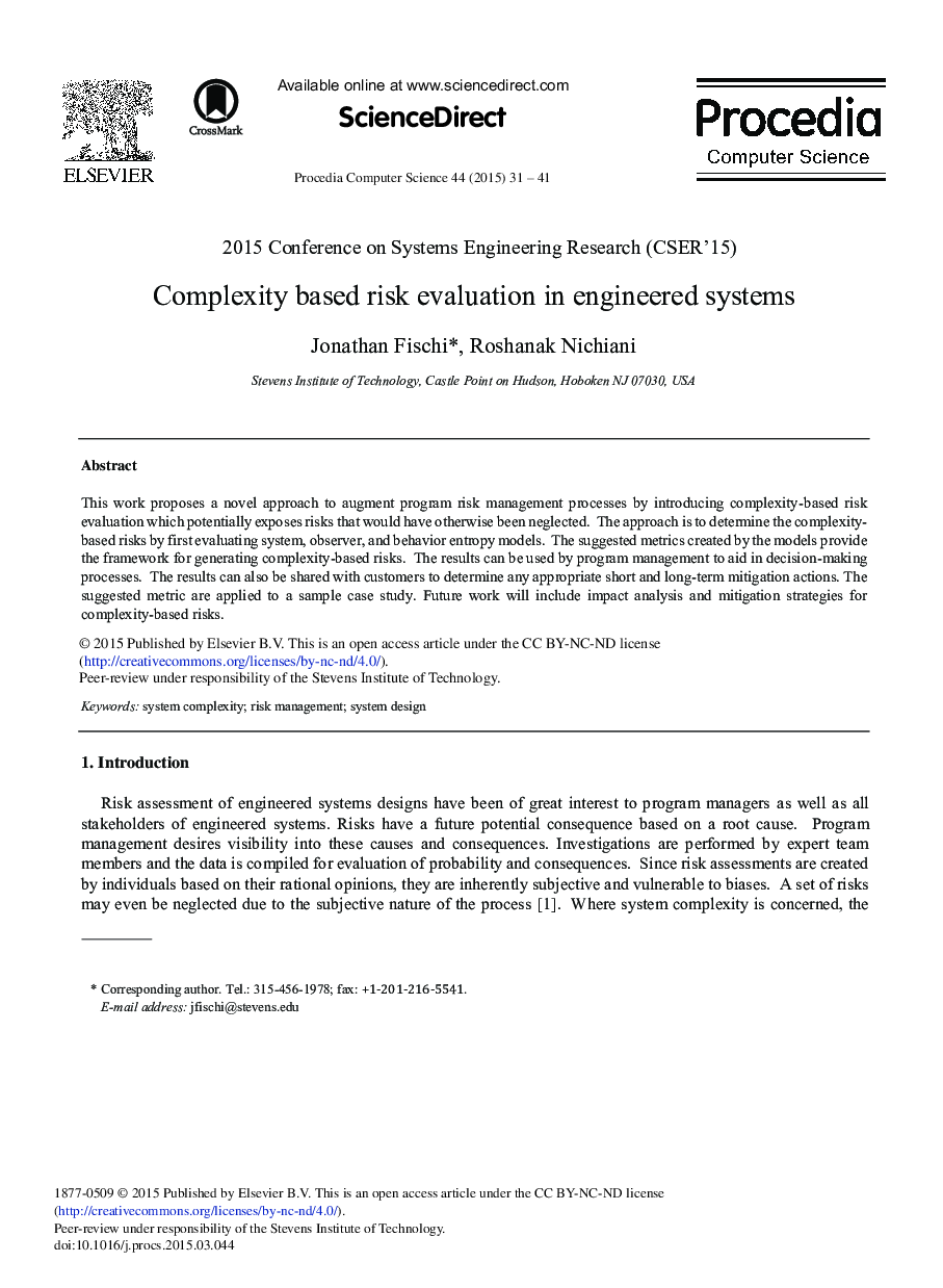 Complexity Based Risk Evaluation in Engineered Systems 