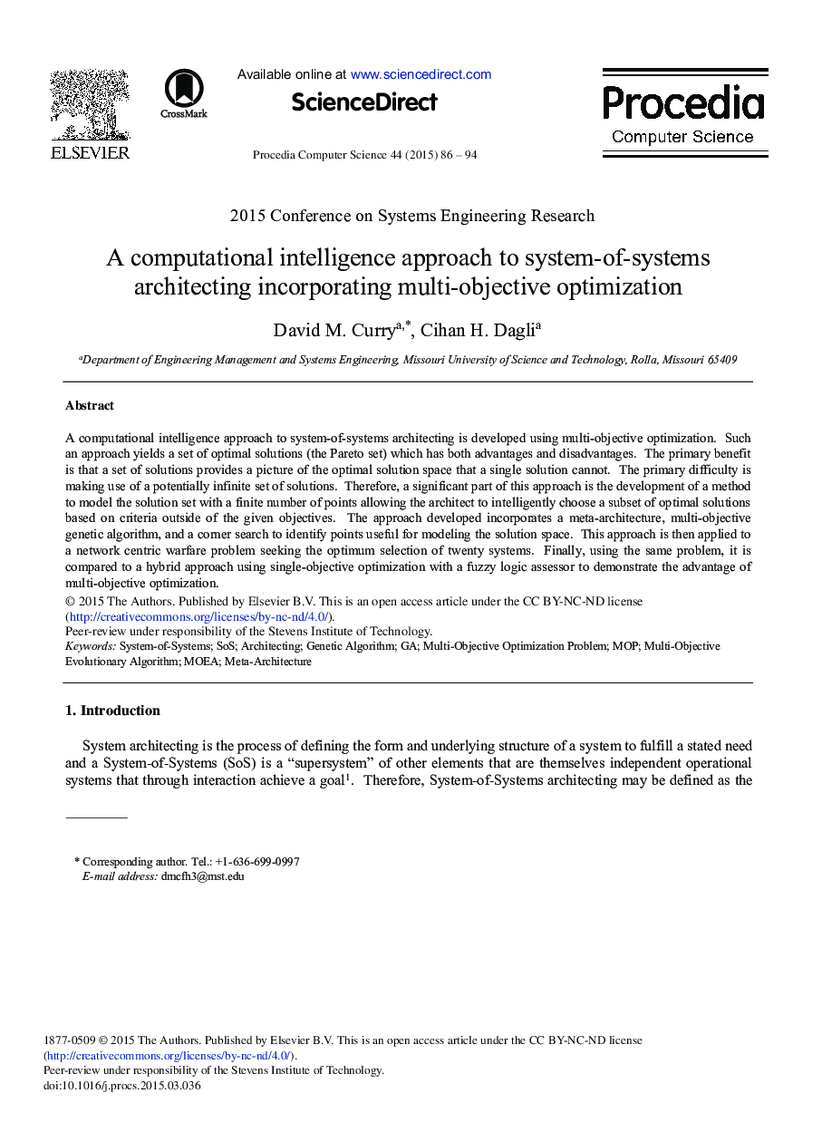 A Computational Intelligence Approach to System-of-Systems Architecting Incorporating Multi-objective Optimization 