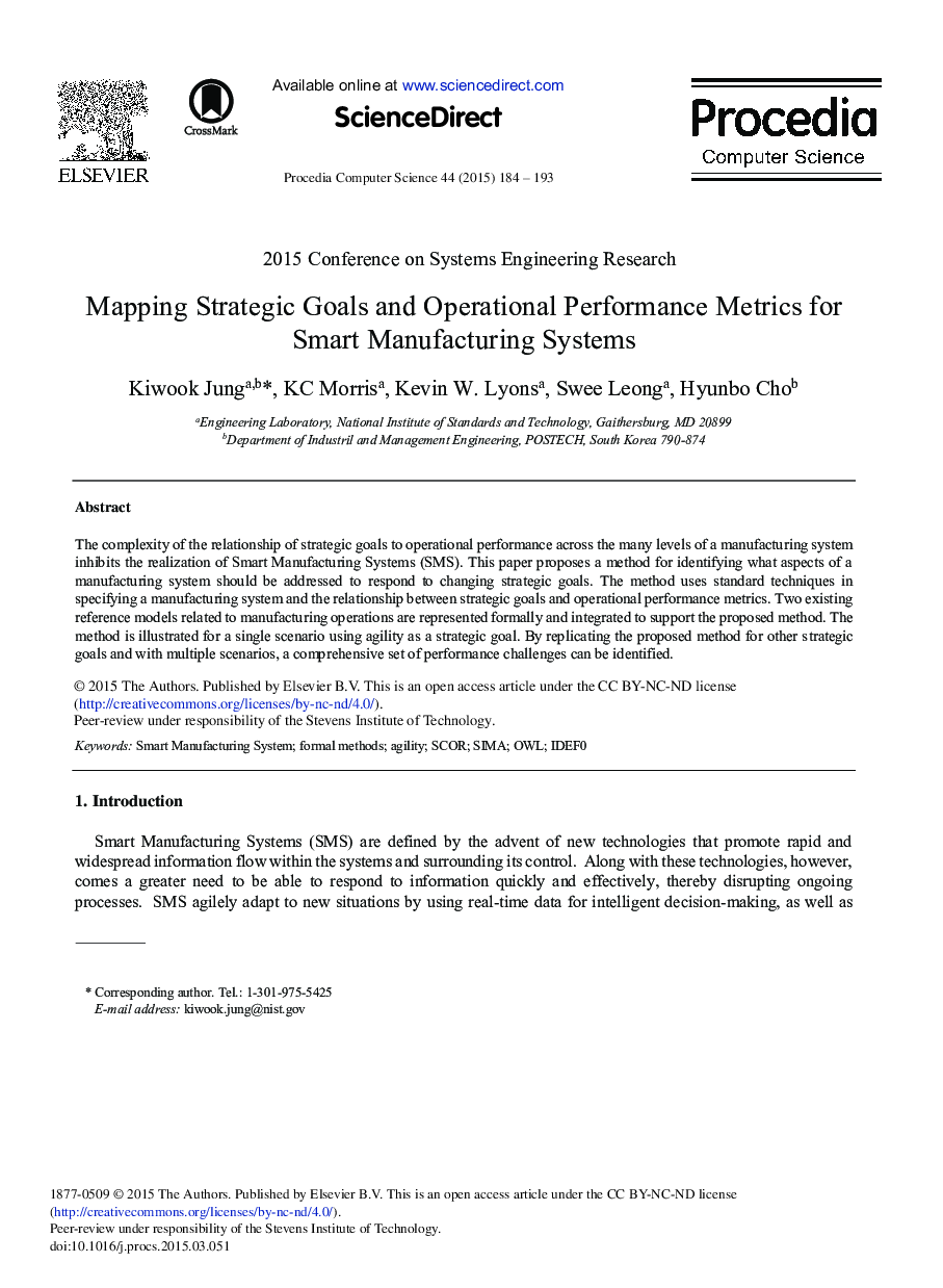 Mapping Strategic Goals and Operational Performance Metrics for Smart Manufacturing Systems 