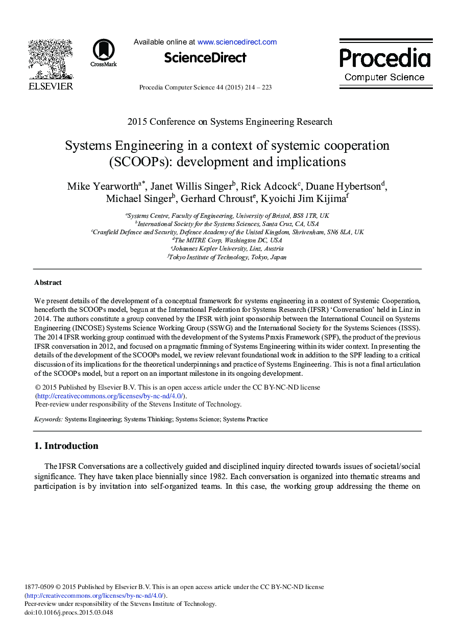 Systems Engineering in a Context of Systemic Cooperation (SCOOPs): Development and Implications 