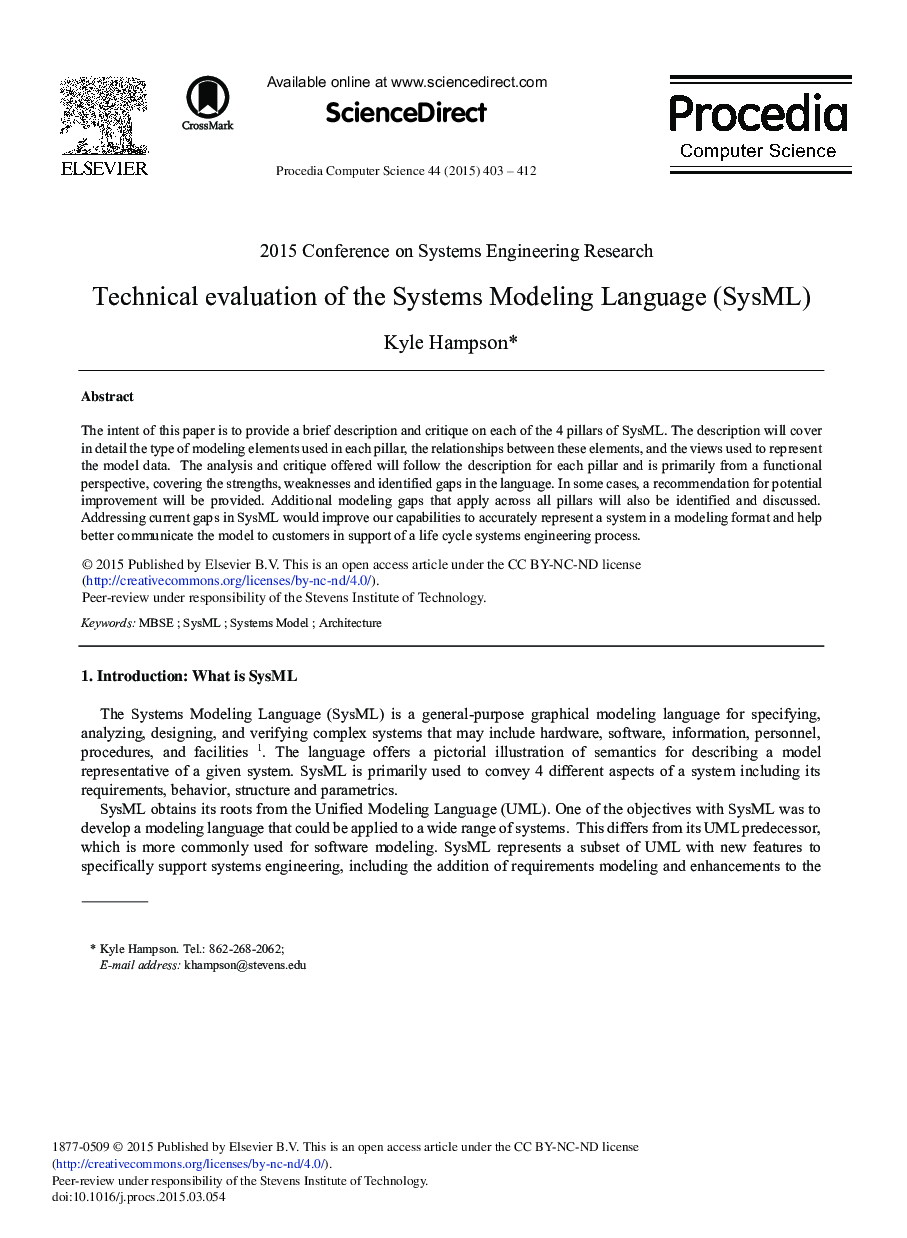 Technical Evaluation of the Systems Modeling Language (SysML) 