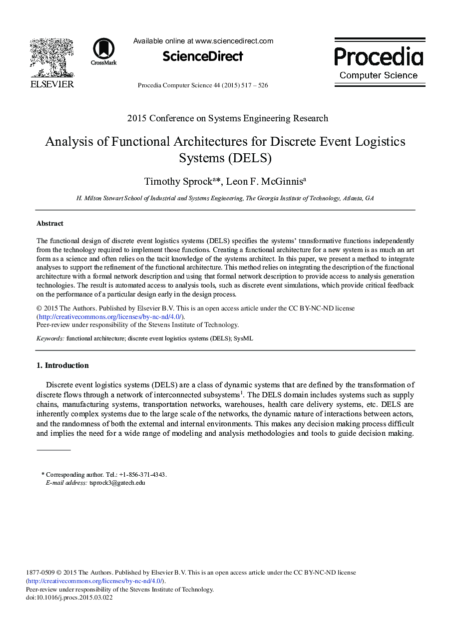 Analysis of Functional Architectures for Discrete Event Logistics Systems (DELS) 